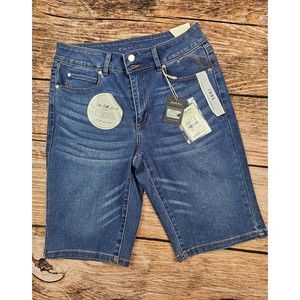 NWT $78 Tahari EMMA Womens 8 Dbl Button Bermuda Shorts Seta Silk Denim Blue